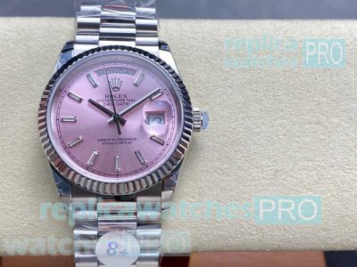 8+ Factory Pink Dial Baguette Stick Rolex Day-Date I 2834 Replica Watch